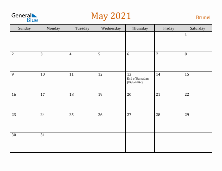 May 2021 Holiday Calendar with Sunday Start