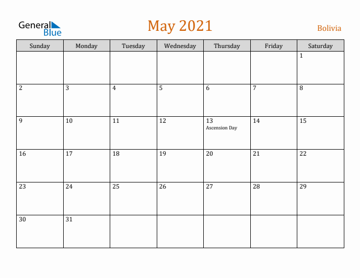 May 2021 Holiday Calendar with Sunday Start