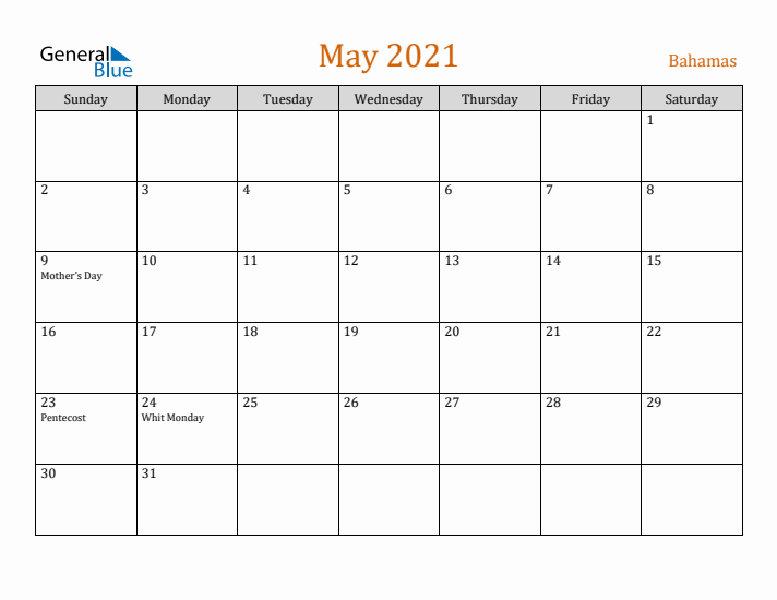 May 2021 Holiday Calendar with Sunday Start