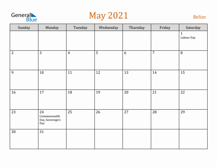 May 2021 Holiday Calendar with Sunday Start