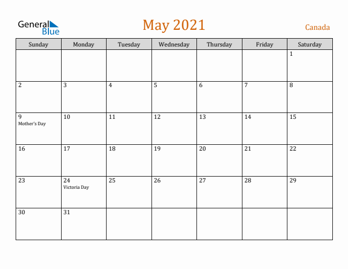 May 2021 Holiday Calendar with Sunday Start