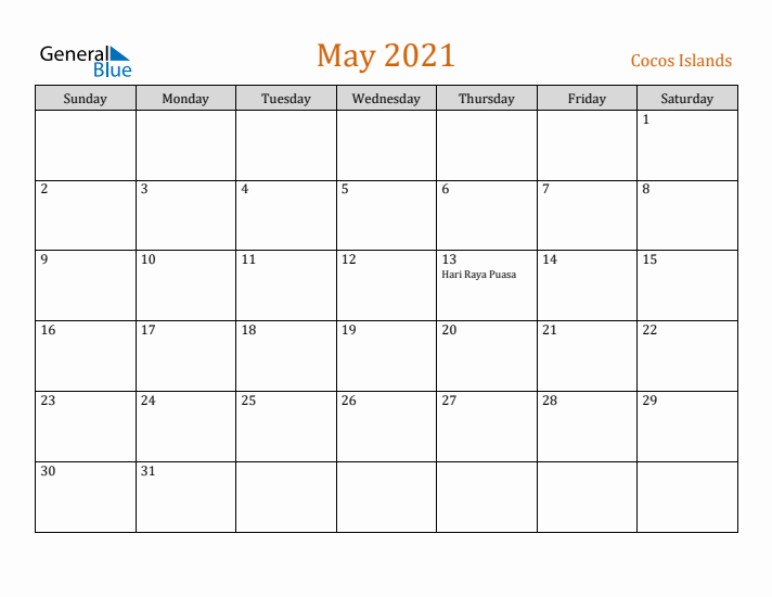 May 2021 Holiday Calendar with Sunday Start