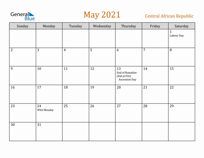 May 2021 Holiday Calendar with Sunday Start