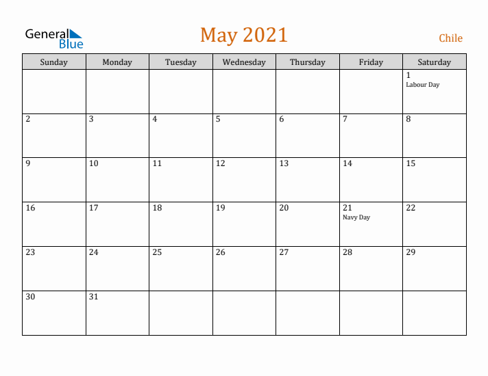 May 2021 Holiday Calendar with Sunday Start