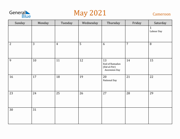 May 2021 Holiday Calendar with Sunday Start