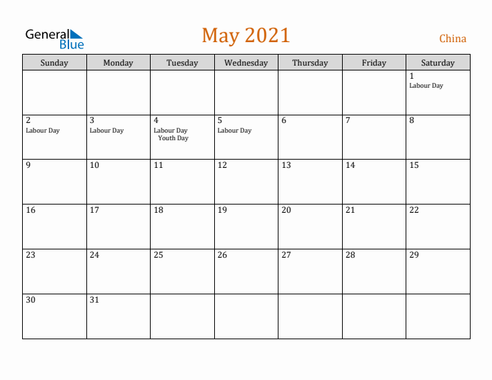 May 2021 Holiday Calendar with Sunday Start