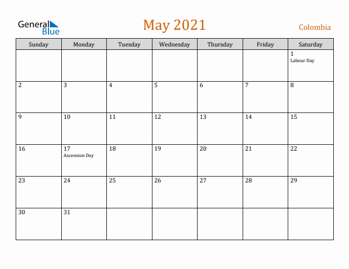 May 2021 Holiday Calendar with Sunday Start