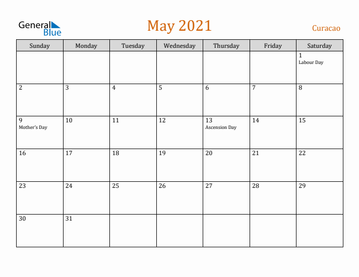 May 2021 Holiday Calendar with Sunday Start