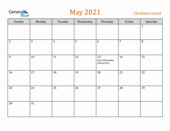 May 2021 Holiday Calendar with Sunday Start