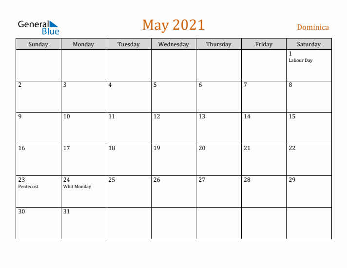 May 2021 Holiday Calendar with Sunday Start