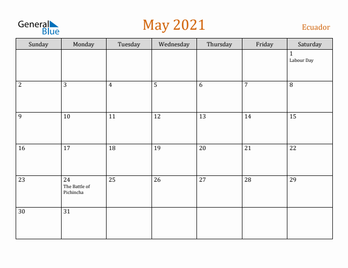 May 2021 Holiday Calendar with Sunday Start