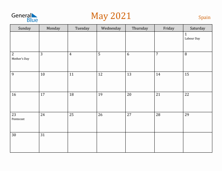 May 2021 Holiday Calendar with Sunday Start