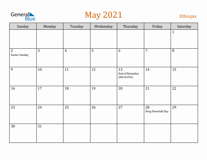 May 2021 Holiday Calendar with Sunday Start