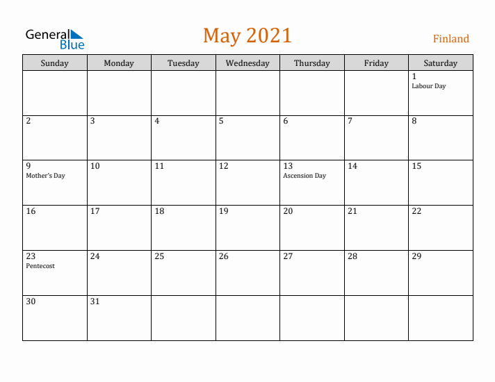 May 2021 Holiday Calendar with Sunday Start