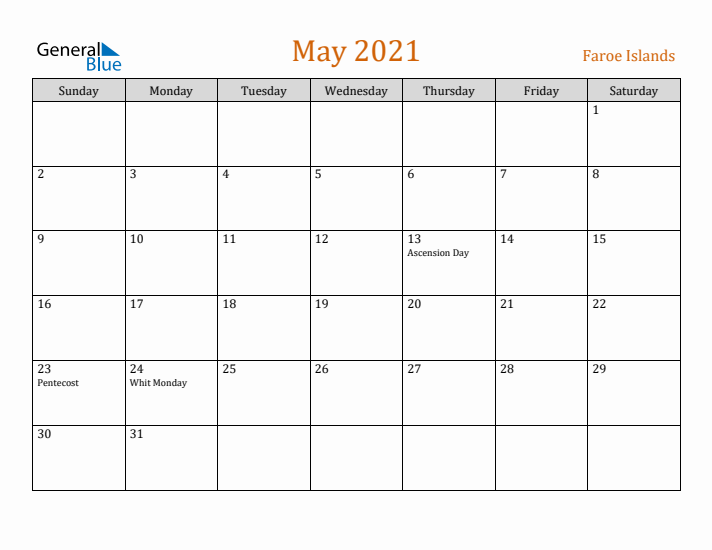 May 2021 Holiday Calendar with Sunday Start