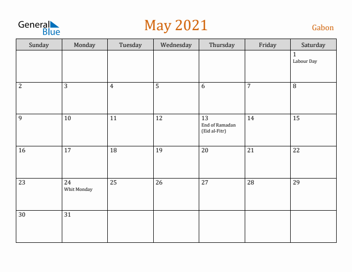 May 2021 Holiday Calendar with Sunday Start