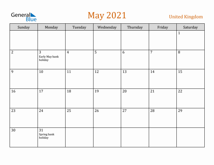 May 2021 Holiday Calendar with Sunday Start