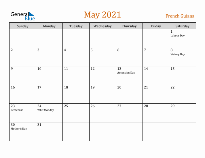 May 2021 Holiday Calendar with Sunday Start