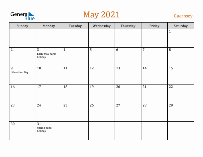 May 2021 Holiday Calendar with Sunday Start