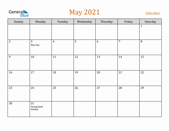 May 2021 Holiday Calendar with Sunday Start