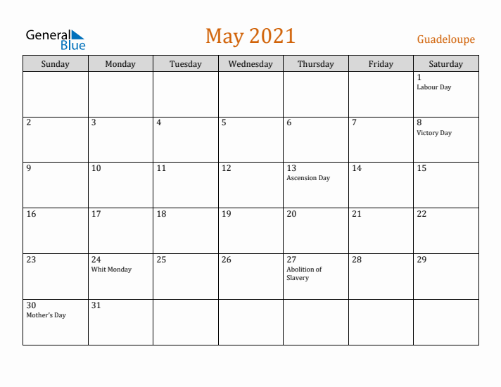 May 2021 Holiday Calendar with Sunday Start