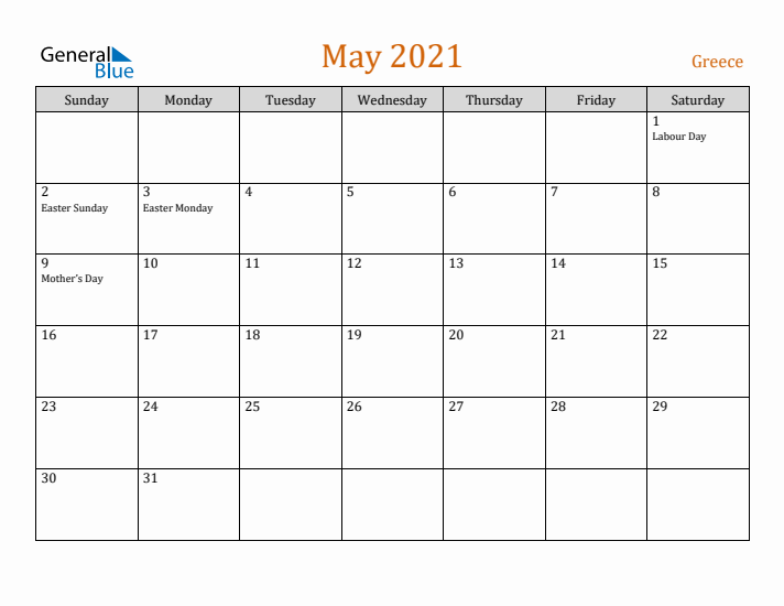 May 2021 Holiday Calendar with Sunday Start