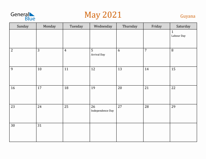 May 2021 Holiday Calendar with Sunday Start