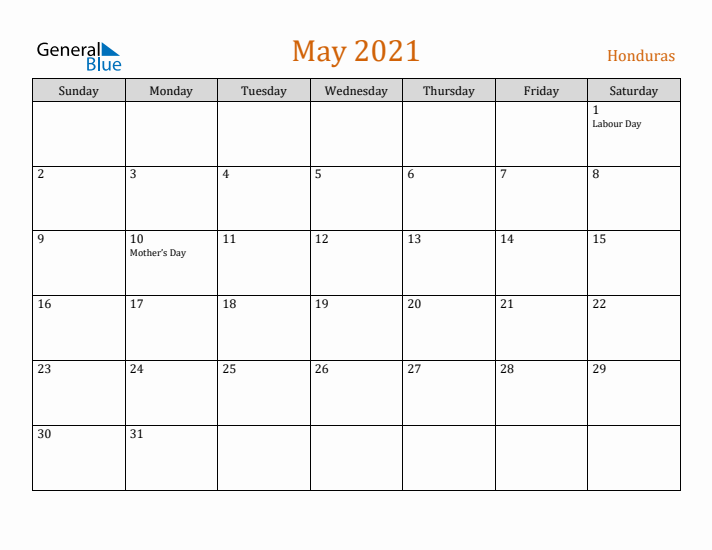 May 2021 Holiday Calendar with Sunday Start