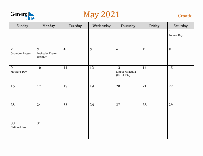 May 2021 Holiday Calendar with Sunday Start