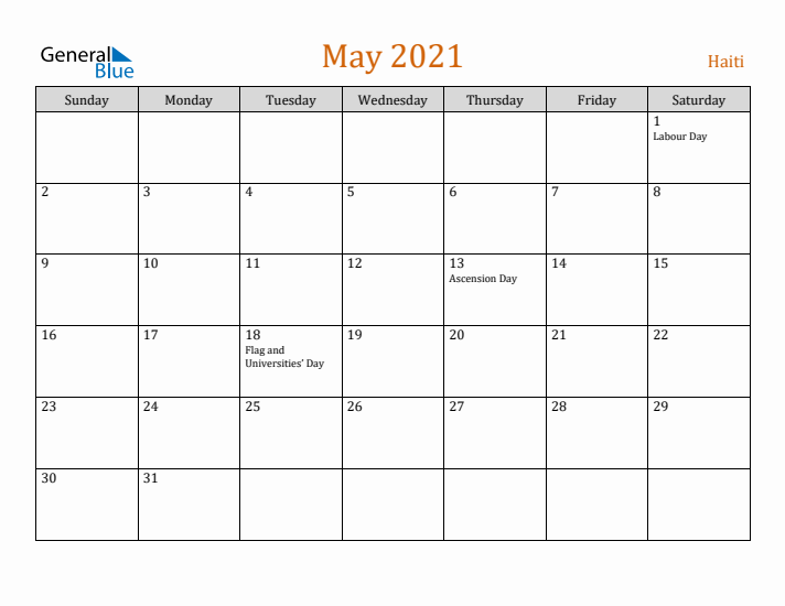 May 2021 Holiday Calendar with Sunday Start