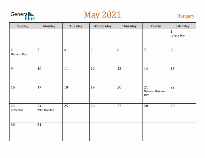 May 2021 Holiday Calendar with Sunday Start