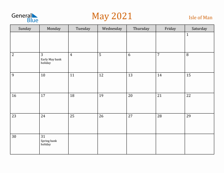 May 2021 Holiday Calendar with Sunday Start