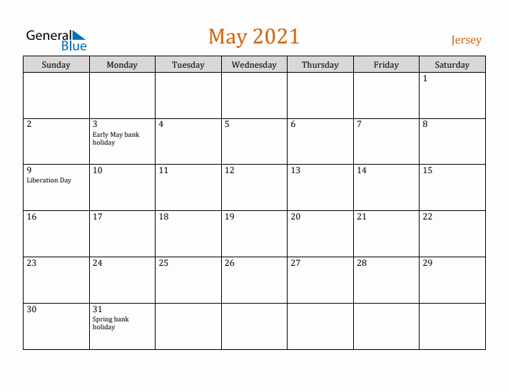 May 2021 Holiday Calendar with Sunday Start