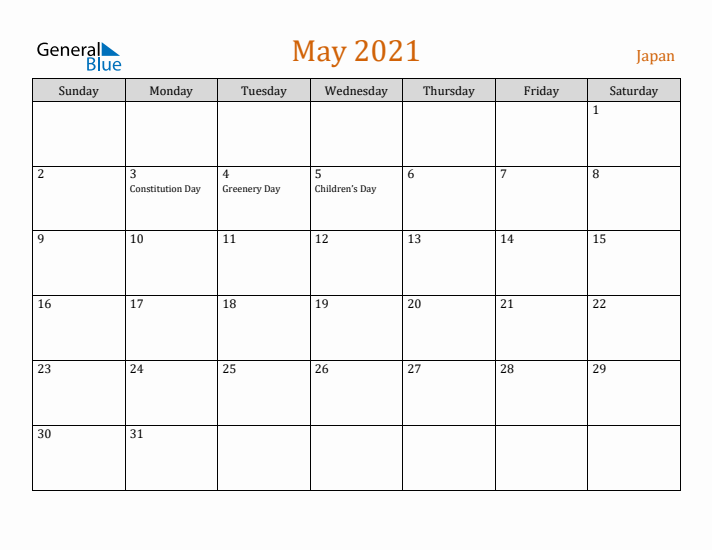 May 2021 Holiday Calendar with Sunday Start