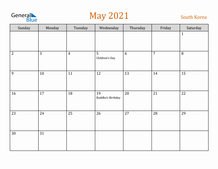 May 2021 Holiday Calendar with Sunday Start