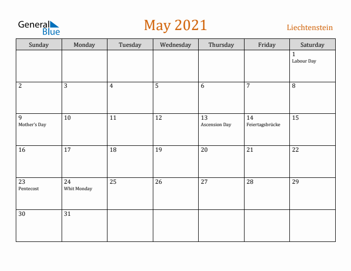 May 2021 Holiday Calendar with Sunday Start