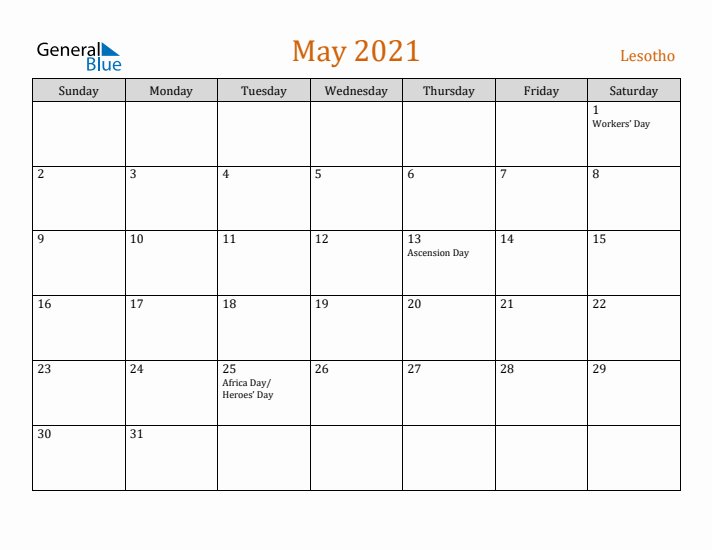 May 2021 Holiday Calendar with Sunday Start