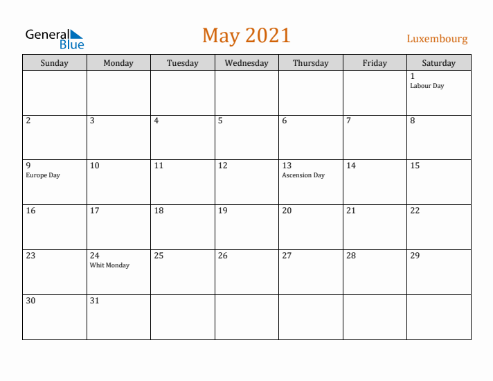 May 2021 Holiday Calendar with Sunday Start