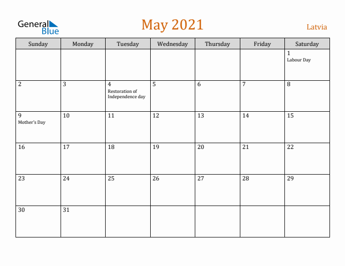 May 2021 Holiday Calendar with Sunday Start