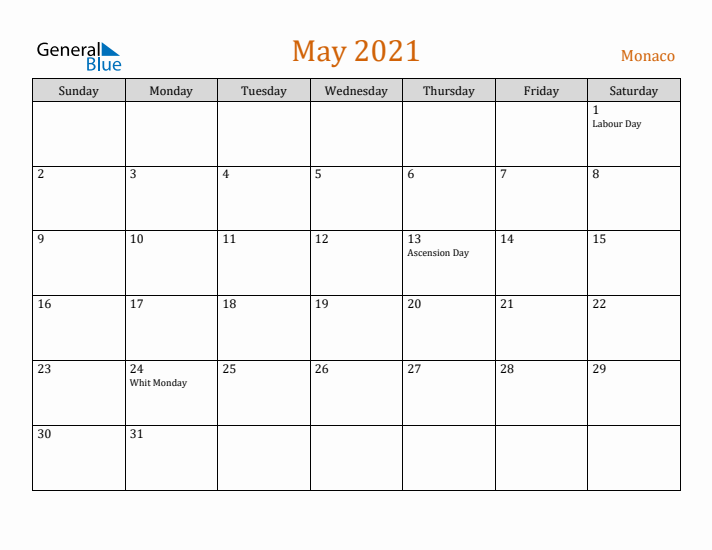 May 2021 Holiday Calendar with Sunday Start