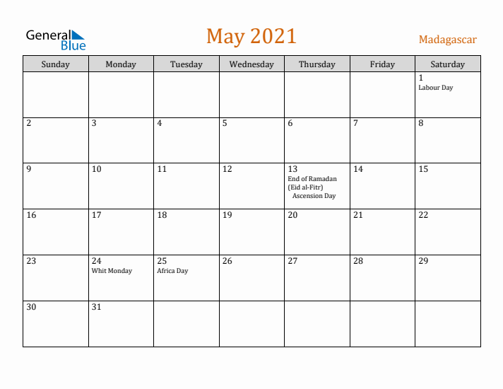 May 2021 Holiday Calendar with Sunday Start