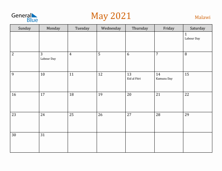 May 2021 Holiday Calendar with Sunday Start