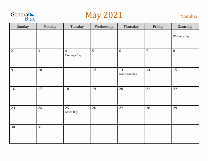 May 2021 Holiday Calendar with Sunday Start