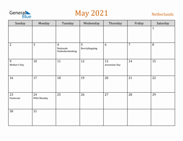 May 2021 Holiday Calendar with Sunday Start