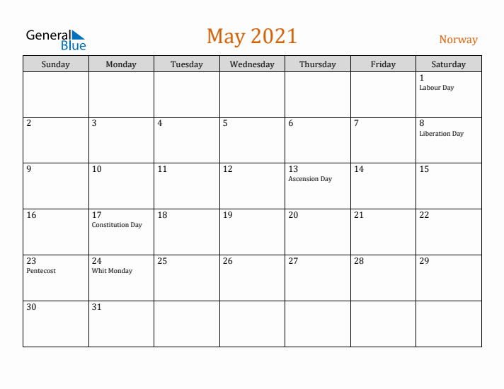 May 2021 Holiday Calendar with Sunday Start