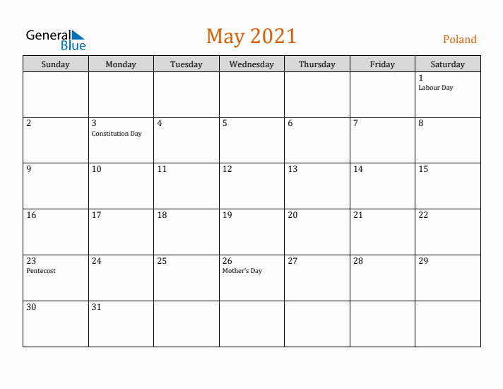 May 2021 Holiday Calendar with Sunday Start