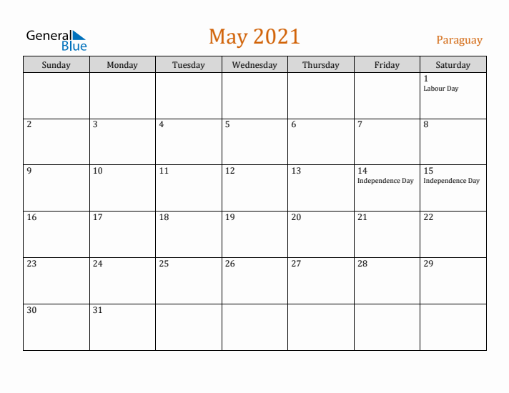 May 2021 Holiday Calendar with Sunday Start