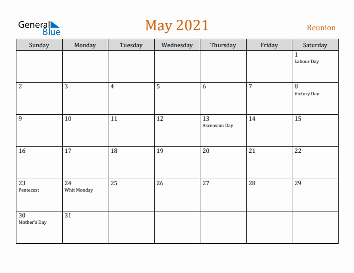 May 2021 Holiday Calendar with Sunday Start