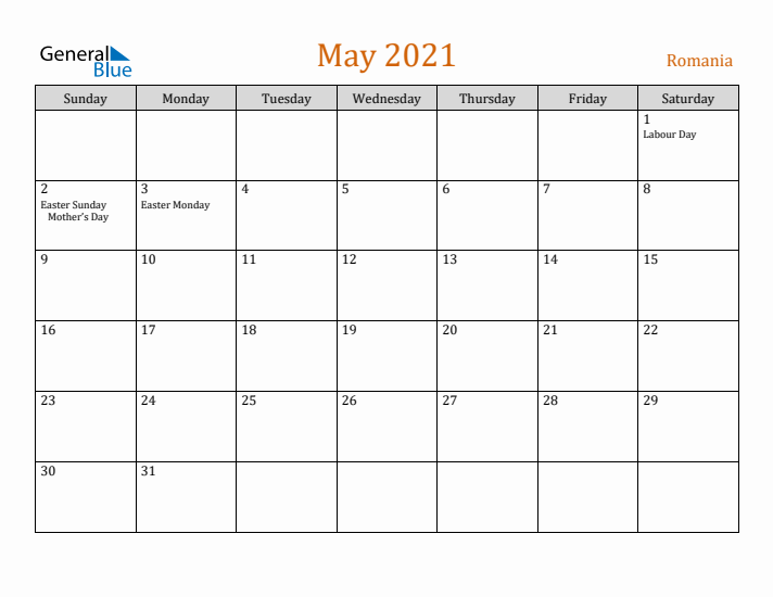 May 2021 Holiday Calendar with Sunday Start