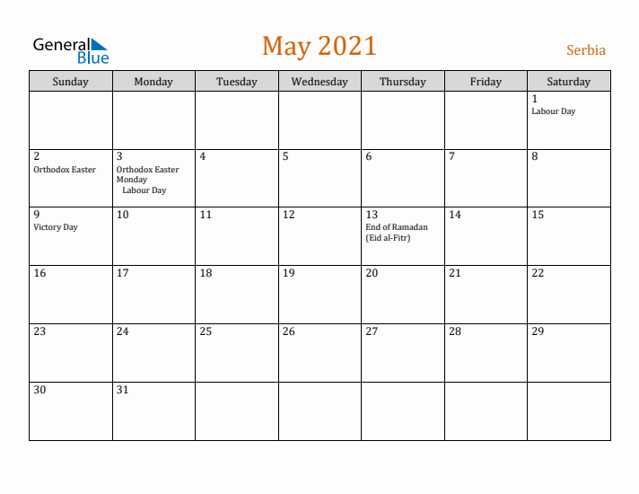 May 2021 Holiday Calendar with Sunday Start